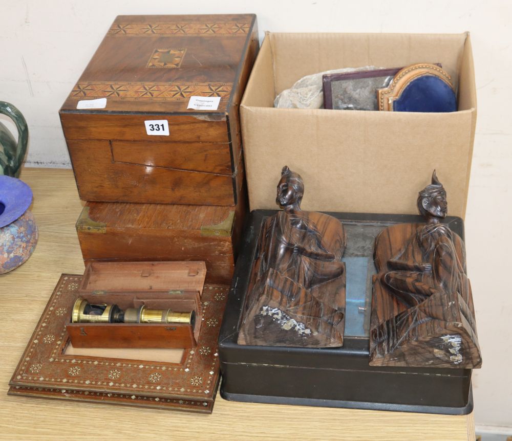 A quantity of mixed collectables including frames, boxes, writing slopes, hardwood carvings, etc.